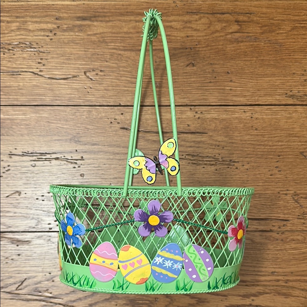 Green Easter Basket with Floral and Butterfly Accents